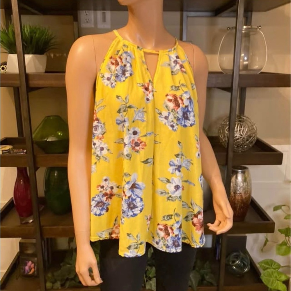 Yellow Floral Blouse with Keyhole Large sleeveless align high neck Blue Pair